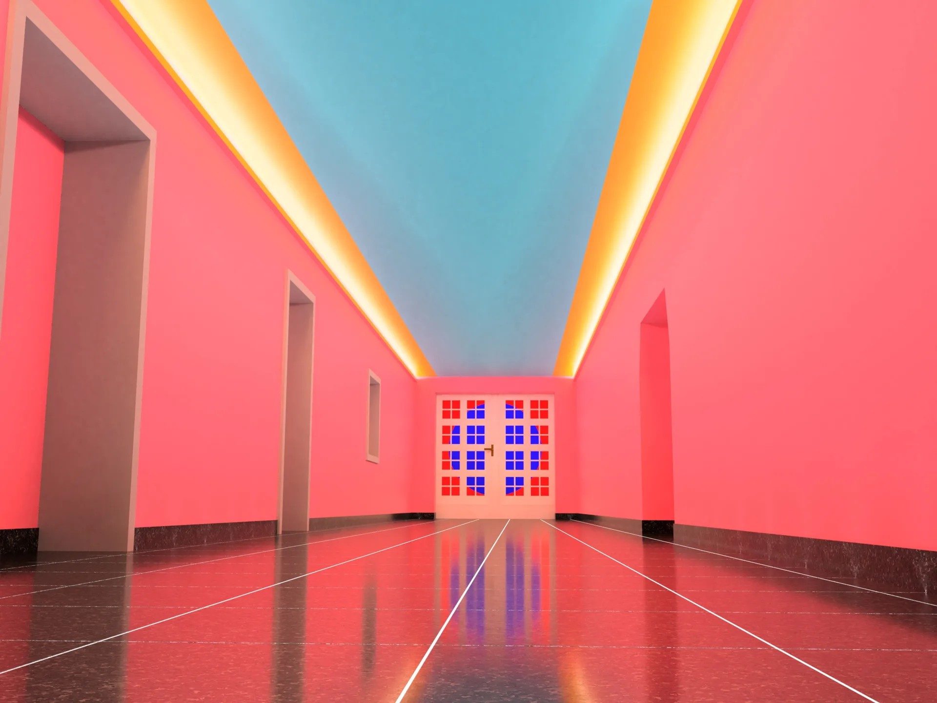 Afterglow installation with pink walls and blue ceiling